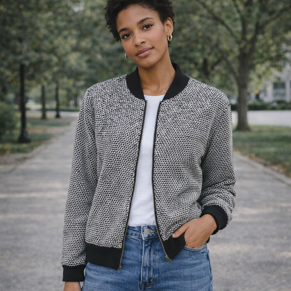 Marine Layer SZ S Birdseye Bomber in Black/White Contrast Style 14098